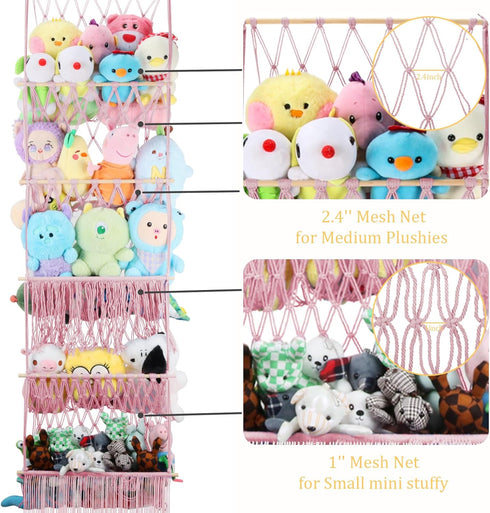 5 17x61 Inch Tier Stuffed Animal Storage Shelf Net, Large Plushie Net w/LED Light & Clips for Mini Medium Stuffy Teddy