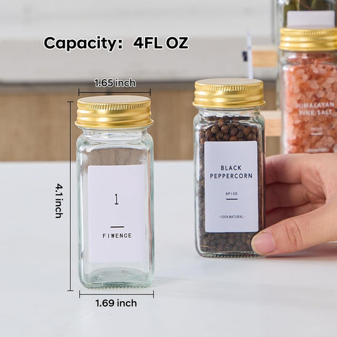 48 576 4oz Pcs Glass Spice Jars with Labels, Empty Square Spice Containers,Seasoning Bottles with Gold Metal Caps