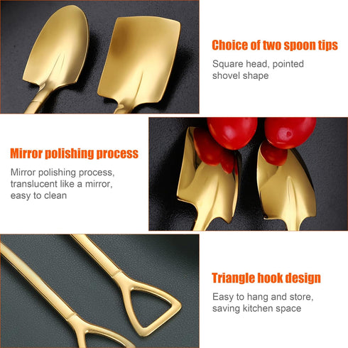 10PCS Gold Shovel Shape Spoons, Mini Cute Stainless Steel Tea Coffee Dessert Mixing Spoons