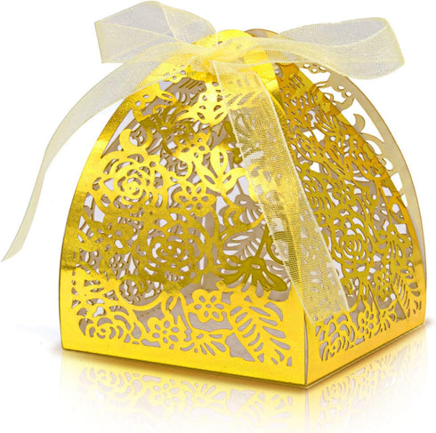 KPOSIYA 100 Pack Laser Cut Rose Candy Boxes - Favor Boxes 2.5"x 2.5"x 3.1" for Bridal Shower, Birthday Party