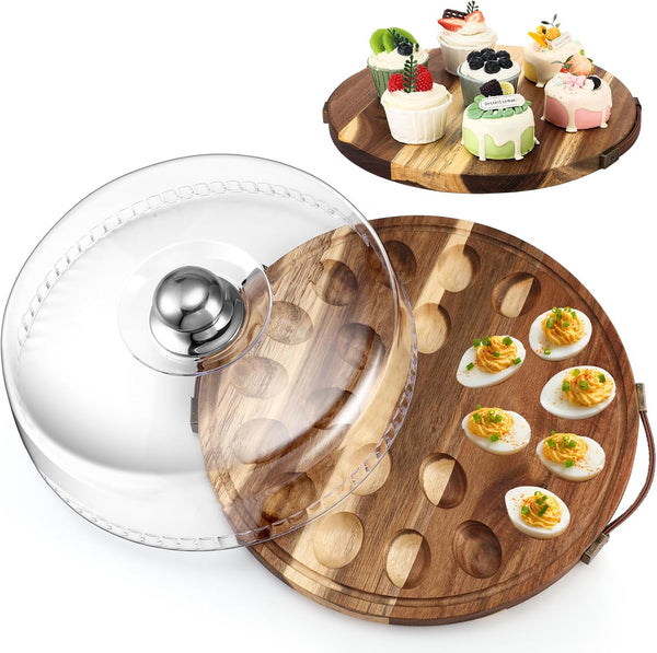 Havawish Wood Deviled Egg Platter with Lid 22 Holes Round Deviled Egg Tray