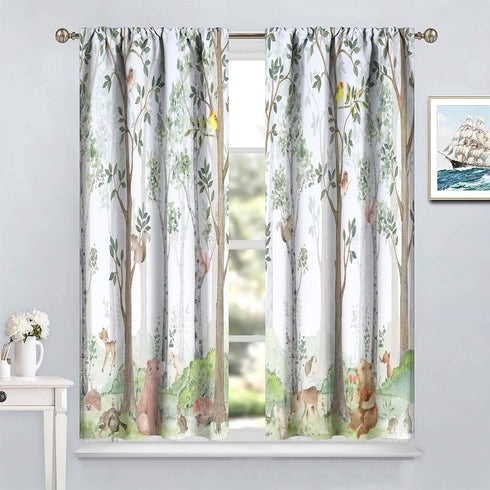 42x45in Kids Watercolor Woodland Animal Window Curtains, Bear Deer Squirrel Hedgehog Fox Birds Green Forest Blackout