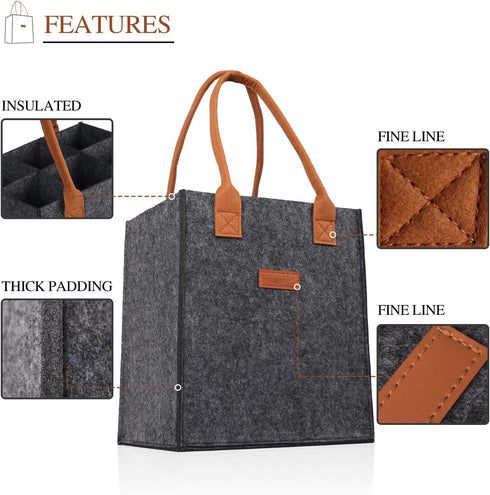 6 Bottle Wine Tote Bag - Insulated Thermal Padded Wine Bottle Carrying Cooler for Travel and Picnic (Dark Grey)