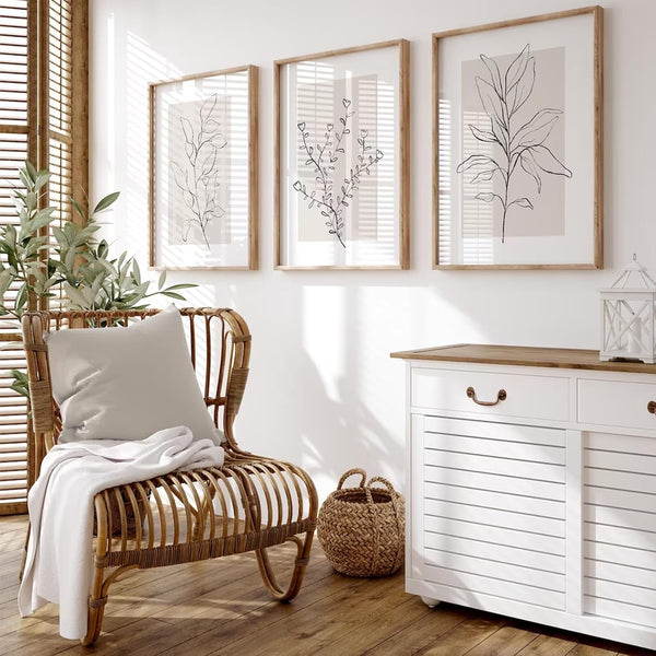 Neutral Botanical Prints Wall Art Decor, Minimalist Canvas Pictures Vintage Beige Artwork Set of 3
