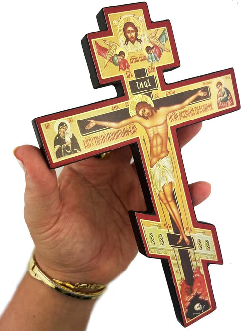 Wooden Wall Crucifix Religious Gifts - Three Bar Orthodox Cross with Prayer, 6 Inch, Save Us