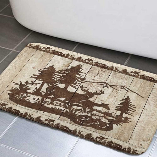 Cabin Bathroom Rugs, 17x29 Inch Non Slip Bath Mats, Farmhouse Country Antique Deer Moose Forest Vintage Decor