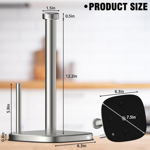 Brushed Nickel Paper Towel Holder, Standing Roll Holder for Kitchen Bathroom with Weighted Base and Suction Cups