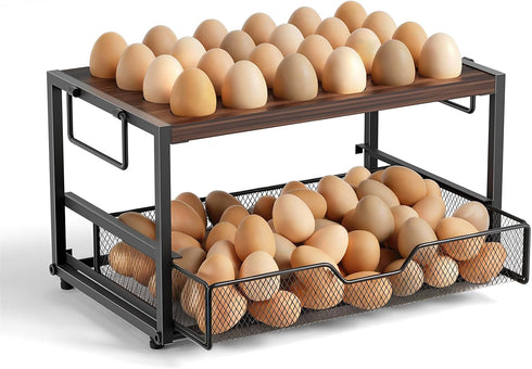 Wolera 2-Tier Wooden Egg Holder Countertop with Basket Holds 24+60 Chicken, Duck &