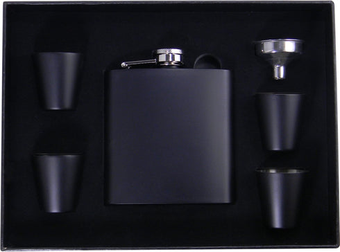 Personalized Custom Text 6-Ounce Flask Gift Set, Steel Shot Glasses, Funnel, Giftbox (Black)