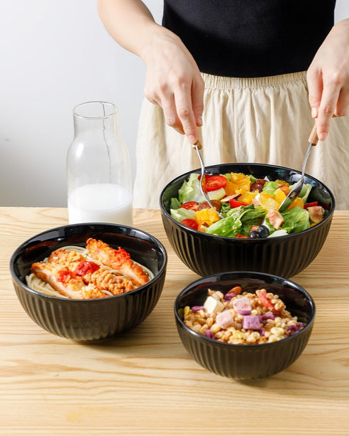 Hasense Mixing Bowls Set of 3, Large Ribbed Black Bowls 1.5/1/0.5 Qt for Kitchen, Cooking, Baking & Serving