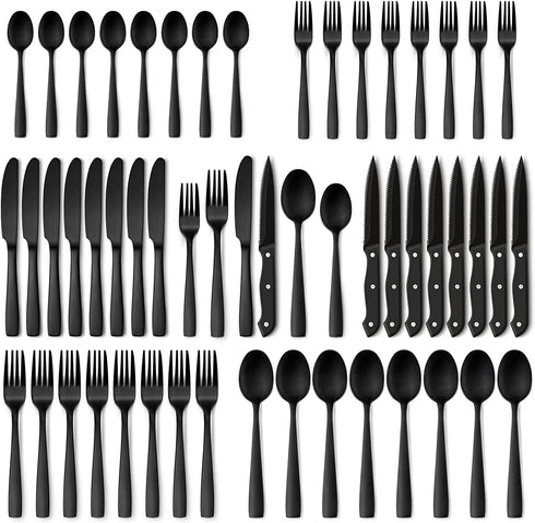 Hiware 48-Piece Matte Black Silverware Set, Stainless Steel Cutlery Set for 8 with Steak Knives