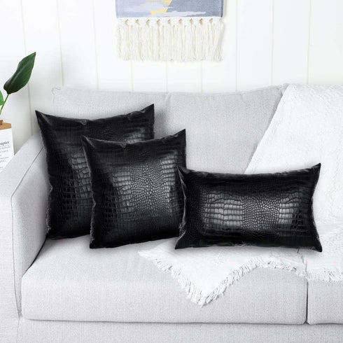 Black Crocodile Skin Faux Leather Pillow Cover, Decorative Modern Throw Cushion Case for Living Room & Bedroom, 12x20