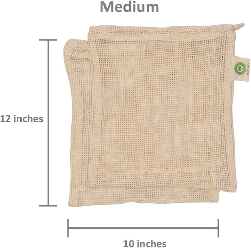 Reusable Organic Cotton Mesh Produce Bags - 100% Cotton, Durable, Washable with Tare Weight & Drawstring, 6 Sizes (2L,