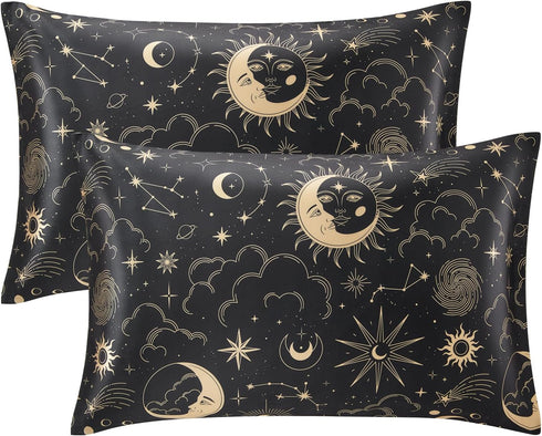 EXQ Home Satin Pillowcase Set of 2 for Hair and Skin - Black Printed Silk Pillowcase 20x26 inches with Envelope Closure