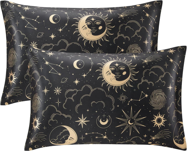 EXQ Home Satin Pillowcase Set of 2 for Hair and Skin - Black Printed Silk Pillowcase 20x26 inches with Envelope Closure