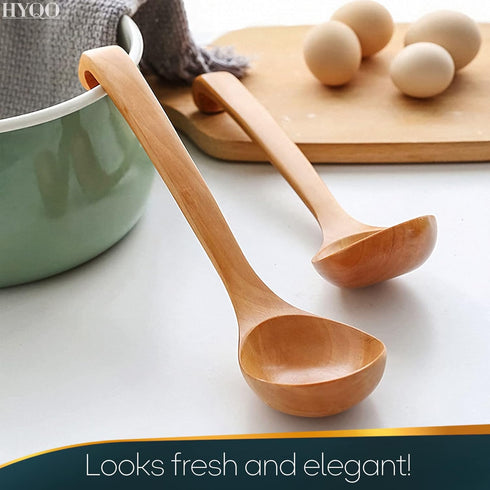Wooden Ladle for Soup, 10.8x2.8" with Deep Scoop, Hanging Hook, Lacquer Coating