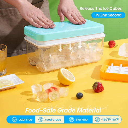 Ice Cube Tray with Lid and Bin, PHINOX 64 pcs Ice Trays for Freezer, Ice Cube Trays for Freezer with 2 trays, Container, Lid & Ice Scoop, BPA Free by PHINOX