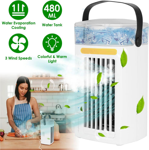 Portable Air Conditioners,Evaporative Cooler with Water Mist, 3 Speeds & Nightlight - USB Powered Mini Air Conditioner Fan for Bedroom, Office & Home,Small Portable Air Conditioner for Cooling