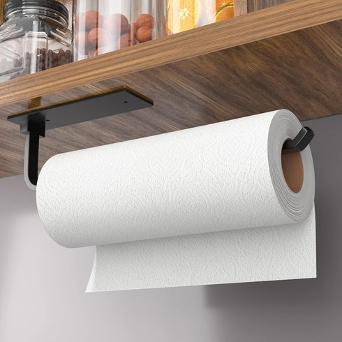 Paper Towel Holder, Self-Adhesive or Drilling, Matte Black Under Cabinet Rack for Kitchen Roll Holder