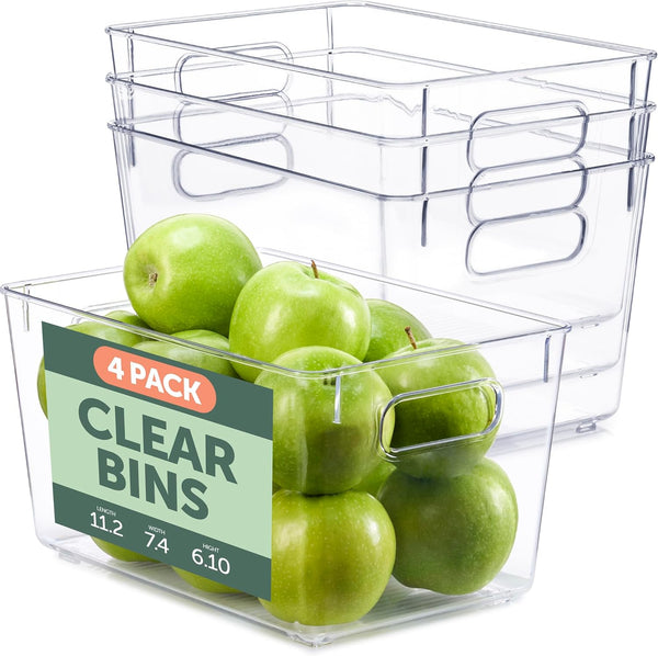 RUBOXA Shatterproof Clear Plastic Storage Bins, BPA-Free Freezer and Refrigerator Organizer Bins, 4 Pack