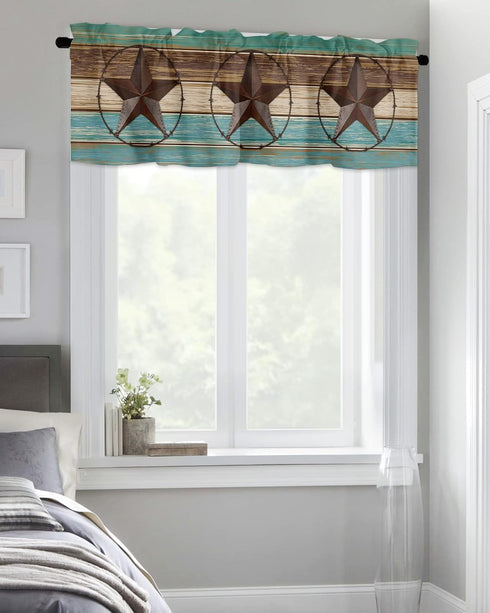 Western Valances Curtain 1 Panel for Kitchen Cafe, Teal Brown Wood Grain, 42"x12", Rod Pocket Window Treatment