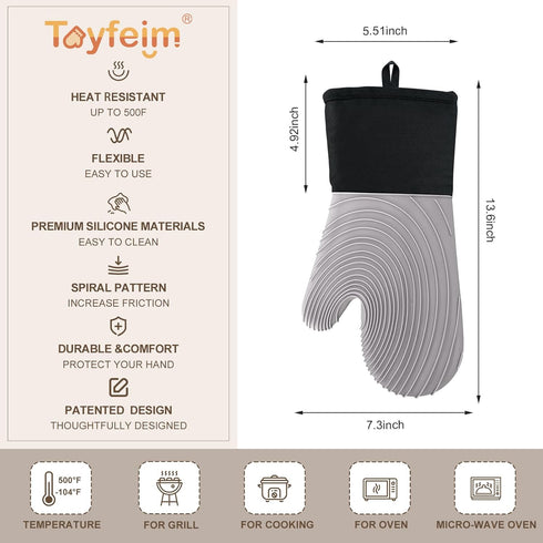 Silicone Oven Mitts - Heat Resistant 500F, 13.6 in Waterproof Grippy Design, Flexible BPA-Free Kitchen Gloves