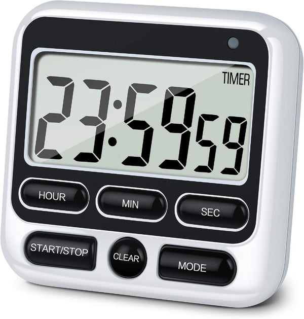 KTKUDY Digital Kitchen Timer with Mute/Loud Alarm, 24 Hour Clock & Memory Function, Large LCD Display (Black)