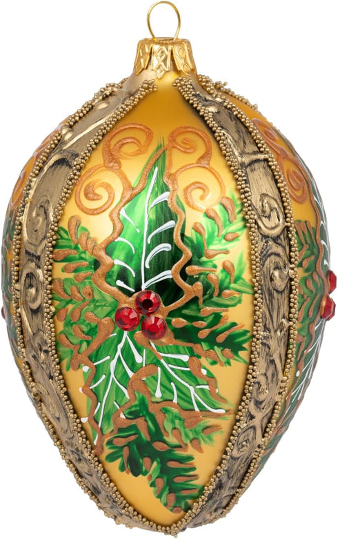 Faberg Egg 5-Inch Blown Glass Christmas Tree Ornament Mistletoe Leaf Gold
