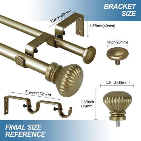 Urbanest Fluted Ball Adjustable Double Drapery Curtain Rod Set - 5/8", 48"-84", Antique Gold