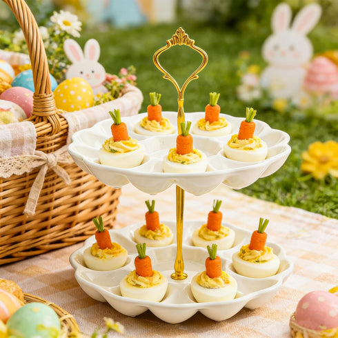 2 24 Countertop Tier Ceramic Easter Deviled Egg Platter Hole Deviled Egg Tray Container, Detachable Eggs Holder Tower