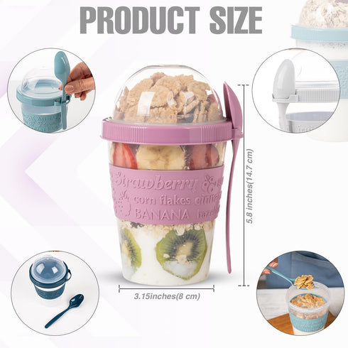 4 Pack Reusable On The Go Yogurt Parfait Cups, Breakfast Plastic Containers with Lids and Spoons, Perfect Jars