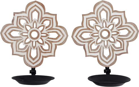 Set 2 Openwork Carving Candle Sconces of - Farmhouse Rustic Wall Decor, Wooden Sunflower Candle Holder, Decorative
