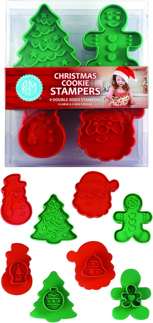 R&M Christmas Double-Sided Cookie Cutter Stamper Set of 4, Green and Red, Assorted Designs: Christmas Tree, Snowman,