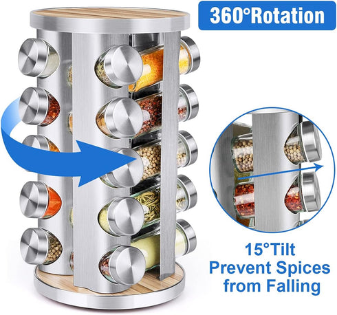 Spice Rack Organizer with Jars for Cabinet, 20Pcs Revolving Seasoning Organizer, Stainless Steel/Wooden