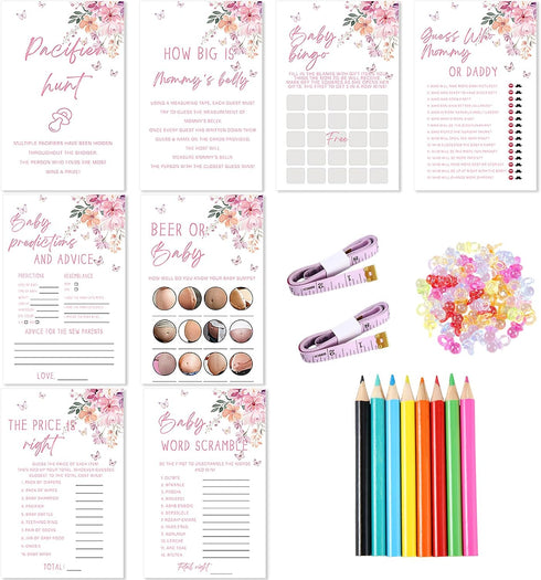 Honoson 279 Pcs Pink Floral Baby Shower Games Set for 50 Guest, 8