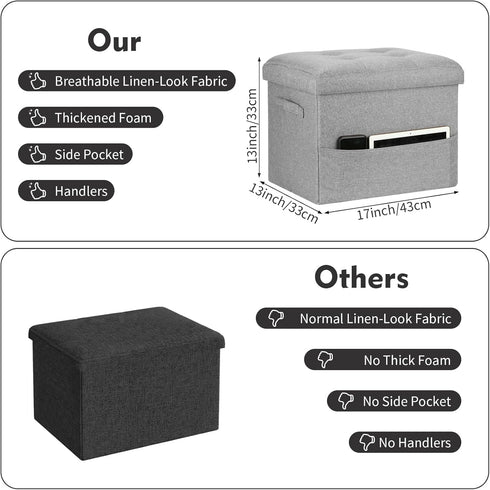 350lbs 17x13x13in, Folding Storage Ottoman, Linen Footstool Bench with Thicker Foam Padded Seat. Ottoman Foot Rest