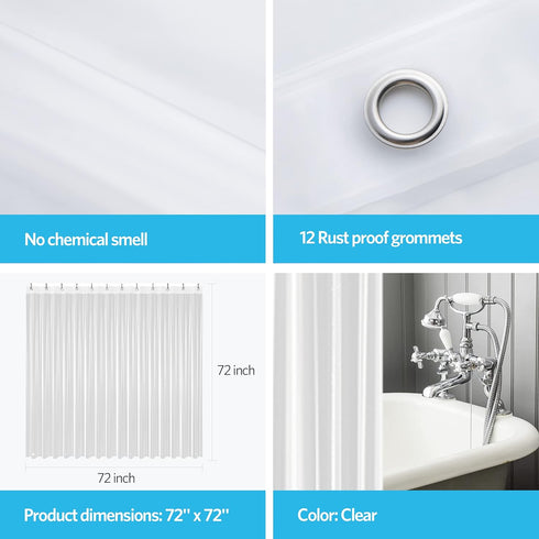 Clear Shower Curtain Liner by EHZNZIE, 72x72 Inches, Lightweight PEVA, Waterproof with 12 Rust Proof Grommets