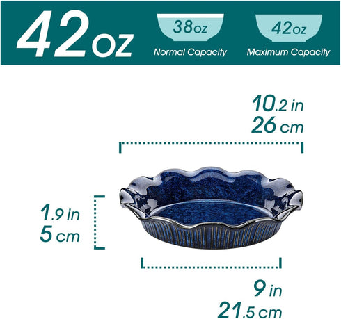 vancasso Stern Ceramic Pie Pan, 9 inch Ruffled Edge, Set of 2, Blue, Deep Baking Dishes