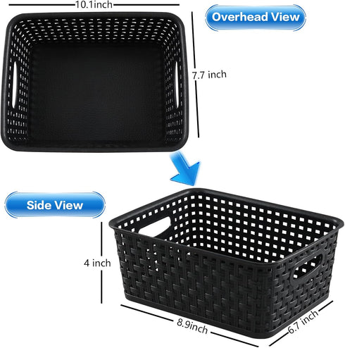 6 Pack Black Plastic Pantry Weave Storage Basket Bin