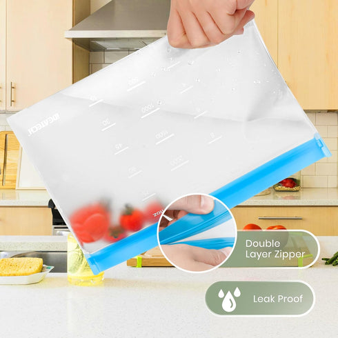Dishwasher Safe Reusable Storage Bags - BPA Free PEVE Stand Up Sandwich Bags, Leakproof Gallon Freezer Bags