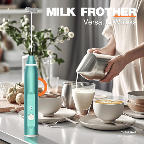 Milk Frother, Rechargeable Handheld Electric Whisk Mixer with 3 Stainless Whisks, 3 Speed Foam Maker for Coffee, Green