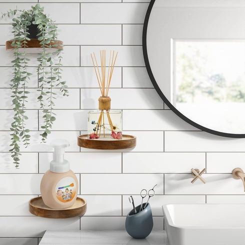 3-Pack 6'' AceList Round Floating Shelves for Wall Decor, Diameter Acacia Wood Floating Shelf, Cup Plant Wall Shelves