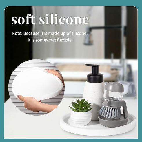 Silicone Round Bathroom Tray, Decorative Soap Holder for Kitchen Countertop Organizer, 9 Inch for Candle, Perfume, Plant