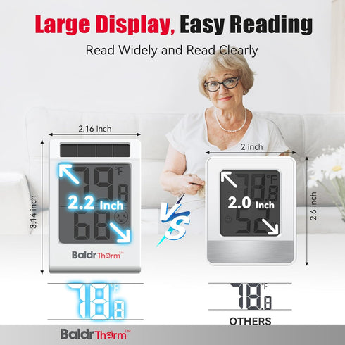 2.2'' 1Pack BaldrTherm Digital Thermometer and Hygrometer Meter, Solar-Powered Indoor Temperature Sensor Humidity