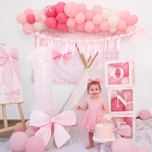 Pink Bow Birthday Decorations Girls Just Wanna Be One First Birthday Pink White Balloon Arch Backdrop High Chair Banner