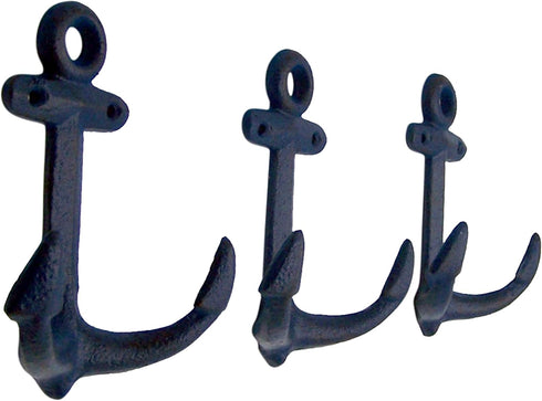 Nautical Cast Iron Ship Anchor Wall Hooks, Wowser, Set of 3 (Blue)