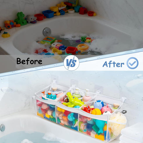 3 Criusia Extra Large Bath Toy Organizer with Compartments and Multiple Pockets, Quick-Dry Mesh Bathtub Storage