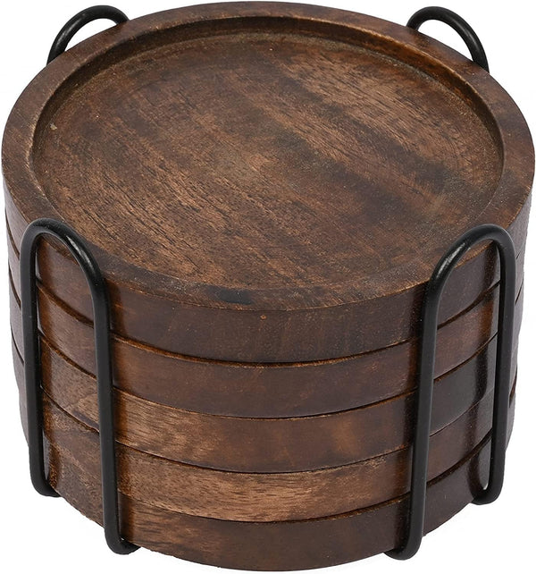 Mango Wood Coasters Set of 5 with Iron Holder Stand, Protects Countertops from Water Marks