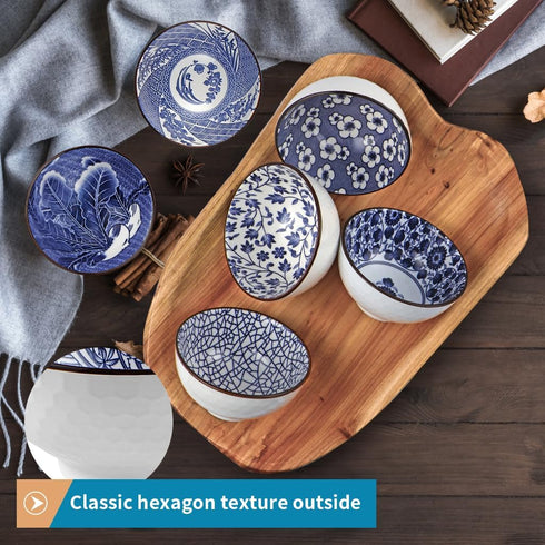 Japanese Style Ceramic Rice Bowls 10 oz, Assorted Dinnerware Serving Bowls for Cereal, Soup, Dessert, Snack, Pack of 6