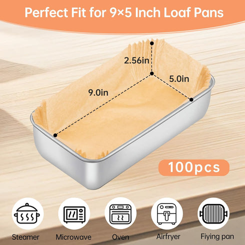 Eiszhjk 100 9x5 Inch, Pcs Loaf Pan Liners for Baking Bread Non-Stick Pre Formed Parchment Paper for Bread Pan, Ideal